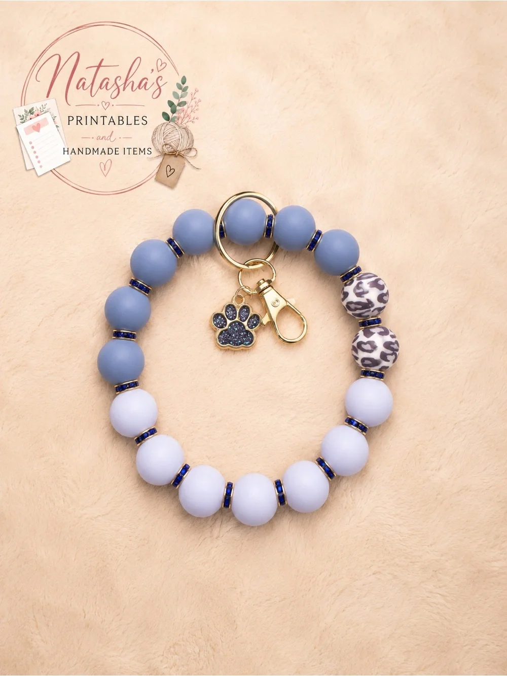 Leopard Paw Charm Beaded Keychain Bracelet – blue & Slate